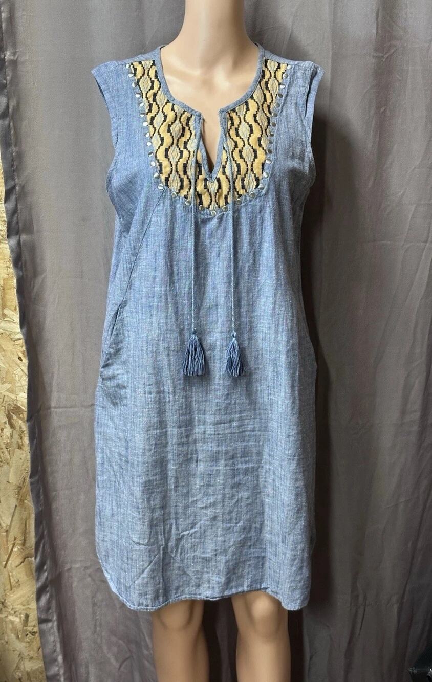 Ariat Dress Blue Chambray Sleeveless Embroidered Tassel Boho Western SZ M Cotton